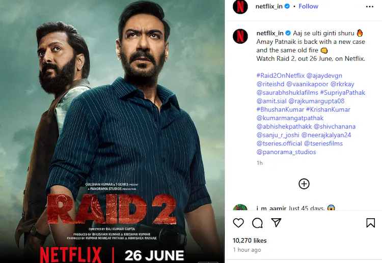 Ajay Devgn and Riteish Deshmukh's film Raid 2 is set to debut on Netflix on June 26.